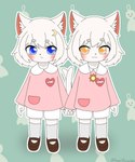 absurd_res anthro blue_eyes brown_clothing brown_footwear brown_shoes child clothing domestic_cat felid feline felis female footwear fur hair hand_holding hi_res kawaiirosiechan mammal orange_eyes pink_ears shoes sibling_(lore) sister_(lore) sisters_(lore) solo twins_(lore) white_body white_fur white_hair young young_anthro young_female