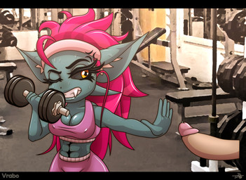 5_fingers abs angry big_ears black_bars black_sclera bodily_fluids breasts cleavage clothed clothing disembodied_penis dumbbell duo exercise fangs female female_focus fingers genitals grey_body grey_skin gym hair horn humanoid_genitalia humanoid_penis humanoid_pointy_ears long_ears long_hair male muscular not_furry one_eye_closed penis pink_hair pointy_ears rejection solo_focus sweat teeth text weights workout yellow_eyes vrabo anon iqua_kicks human humanoid imp mammal 2018 hi_res letterbox signature