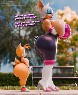 2_tails age_difference anthro armwear big_breasts big_butt black_nose blue_eyeshadow blurred_background bodysuit boots breasts butt clothing dialogue duo ear_piercing ear_ring elbow_gloves erection eyelashes eyeshadow female footwear genitals gloves green_eyes hair handwear high_heeled_boots high_heels huge_breasts huge_butt knee_boots knee_highs legwear looking_at_butt makeup male motion_lines multi_tail older_female open_mouth open_smile outside penis piercing ring_piercing shoes short_hair skinsuit smile standing tail text tight_clothing white_hair young young_male younger_male slurpslurps sega sonic_the_hedgehog_(series) miles_prower rouge_the_bat bat canid canine fox mammal 2026 3d_(artwork) absurd_res artist_name digital_media_(artwork) english_text hi_res url
