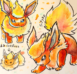 abstract_background ambiguous_gender black_eyes chibi feral fluffy fluffy_tail fur looking_at_viewer open_mouth red_body red_fur solo tail text yellow_body yellow_fur blitzdrachin conditional_dnp nintendo pokemon eeveelution flareon generation_1_pokemon pokemon_(species) 2022 painting_(artwork) shaded traditional_media_(artwork) traditional_painting_(artwork) traditional_watercolor_(artwork) watercolor_(artwork)