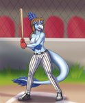 5_fingers anthro areola baseball_bat baseball_field baseball_uniform bat_(object) big_areola blue_body blue_feathers blue_hair blue_highlights blue_scales breasts brown_hair claws clothed clothing detailed_background elbow_feathers eyelashes feathered_tail feathers female finger_claws fingers freckled_breasts freckles gloves hair handwear highlights_(coloring) long_hair long_tail nipples open_mouth open_smile outside red_eyes scales smile snout solo sportswear tail tail_tuft topless topless_anthro topless_female tuft uniform prometheuzone cavemanon_studios i_wani_hug_that_gator jenine_(iwhtg) dinosaur dromaeosaurid feathered_dinosaur feathered_scalie prehistoric_species reptile scalie theropod velociraptor 2024 dated digital_drawing_(artwork) digital_media_(artwork) hi_res signature