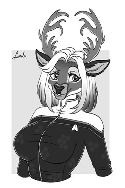 anthro antlers big_breasts biped breasts clothing deer_antlers female female_anthro fur hair horn long_hair markings mismatched_sexual_dimorphism multicolored_hair solo spots spotted_body spotted_fur tan_body tan_fur uniform white_body white_fur white_hair lunula star_trek thea_(theabunn) cervine deer mammal hi_res monochrome intersex_(lore) trans_(lore) trans_woman_(lore)