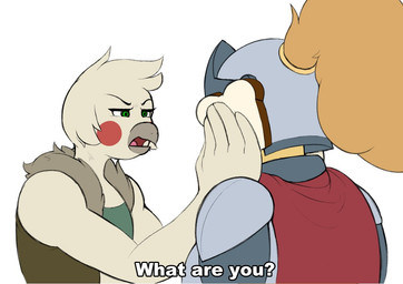 anthro armor blush bread cape clothing duo female food green_eyes headgear helmet sandwich_(food) text digitalpelican idiot_sandwich amelia_steelheart brooke_(simplifypm) avian bird canid canine canis domestic_dog mammal meme