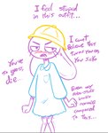 2023 anthro beanie_(roommates) big_ears biped blush blush_lines bonnie_(fnaf) clothed clothing cosplay dialogue digital_media_(artwork) dress english_text eyebrows female five_nights_at_freddy's floppy_ears front_view hat headgear headwear lagomorph leporid line_art looking_at_viewer mammal rabbit roommates:motha scottgames simple_background solo soulcentinel standing talking_to_viewer teeth text white_background