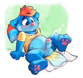 anthro balls blue_body blue_fur blush bodily_fluids clothing cum diaper ejaculation erection foreskin fur genital_fluids genitals green_eyes male open_diaper paws penis shirt simple_background solo topwear unclean_diaper urine used_diaper wet_diaper young young_male sherwin_fawn mammal rodent sciurid tree_squirrel hi_res