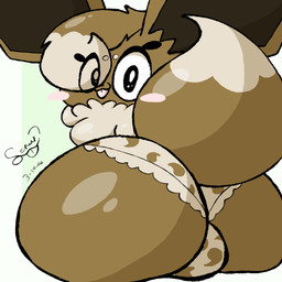 anthro big_butt blush brown_body brown_fur bulge bulge_from_behind butt butt_focus clothing femboy fur male neck_tuft panties panties_bulge rear_view scrudy_(scrudy) sitting solo squish tail tan_body tan_fur thick_thighs tongue tongue_out tuft underwear scrudy nintendo pokemon eevee generation_1_pokemon mammal pokemon_(species) 1:1 absurd_res hi_res