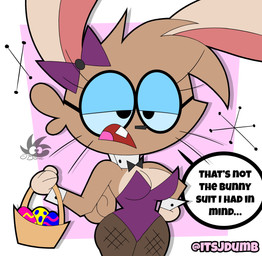 anthro black_eyes bow_ribbon breasts brown_body bunny_costume cleavage clothed clothing costume dialogue easter_egg egg eyelashes eyewear female fishnet_clothing fishnet_legwear glasses googie_aesthetic holidays legwear leotard populuxe simple_background solo tail text whiskers jdone easter sarena_(jdone) lagomorph leporid mammal rabbit 2025 digital_media_(artwork) english_text hi_res