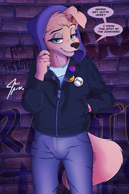 anthro bisexual_pride_colors blue_eyes bottomwear brick_wall button_pin clothing denim denim_bottomwear denim_clothing dialogue female hoodie jacket jeans leather leather_clothing leather_jacket leather_topwear lgbt_pride looking_at_viewer pants pride_colors seductive solo topwear wall_(structure) jace_apollo disney lady_and_the_tramp metallica angel_(lady_and_the_tramp) canid canine mammal
