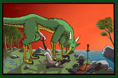 all_fours animal_genitalia animal_penis anthro anthro_on_feral armor balls beak bestiality black_neck black_scutes clothing discarded_armor discarded_clothing duo equine_genitalia equine_penis feathered_wings feathers feet feral foot_fetish genitals grass green_body green_feathers hand_on_chest holding_partner_down larger_male leaf looking_at_another looking_at_partner lying male male/male melee_weapon multicolored_body on_back on_grass on_ground outside penis plant rock scales scuted_arms scutes shadow sheath shield size_difference smaller_male spiral_penis sunset sword tail tail_feathers talons tan_body tan_feathers toes tree two_tone_body water weapon white_body white_feathers wings yellow_body yellow_scales yellow_scutes tzair_(artist) mythology trustleka_(tzair) ulerek_(tzair) anatid anseriform anserine avian bird canada_goose dragon feathered_dragon feathered_scalie goose mythological_creature mythological_scalie scalie 2026 3:2 digital_media_(artwork) shaded signature