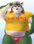 anthro blush bulge clothing eyebrows fur green_body green_fur hat headgear headwear lifeguard male overweight overweight_male solo speedo swimwear thick_eyebrows visor_cap moonring1287 lifewonders live_a_hero mokdai canid canine canis domestic_dog mammal