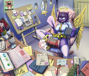 abdl anthro big_diaper cat_stockings cat_tail clothed clothing cross diaper diaper_fetish easter_egg female halo holidays inverted_cross orange_eyes purple_body russian solo text unclean_diaper used_diaper using_diaper wearing_diaper arita_tian easter helltaker azazel_(helltaker) domestic_cat felid feline felis mammal absurd_res hi_res russian_text translation_check translation_request