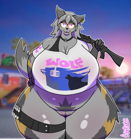 anthro big_breasts big_butt biped breasts butt clothed clothing curvy_figure female female_anthro front_view fur genitals grey_body grey_fur huge_breasts huge_butt hyper hyper_butt overweight pubes slightly_chubby solo standing thick_thighs voluptuous vulva weapon agenexxthecat epic_games fortnite wolfie_(fortnite) canid canine canis mammal wolf absurd_res hi_res