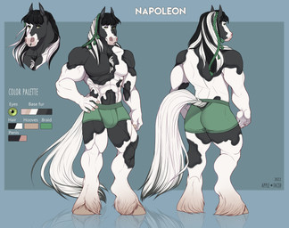 5_fingers anthro biped black_hair bulge butt clothed clothing fetlocks fingers front_view green_clothing green_eyes green_hair green_underwear hair hand_on_hip hand_on_own_hip hooves looking_at_viewer looking_forward male male_anthro markings multicolored_hair muscular muscular_anthro muscular_male rear_view solo spots spotted_body standing tail text topless topless_anthro topless_male underwear white_hair white_tail apple-faced equid equine horse mammal 2022 digital_media_(artwork) english_text full-length_portrait headshot_portrait hi_res model_sheet multiple_versions portrait