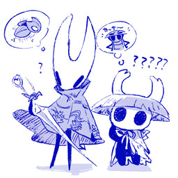 2_horns ambiguous_gender anthro biped cloak clothed clothing cogfly duo empty_eyes hat headgear headwear holding_melee_weapon holding_object holding_weapon horn mask melee_weapon motion_lines nail_(weapon) question_mark standing text weapon weapon_on_back blipbugbug hollow_knight:_silksong hollow_knight_(franchise) team_cherry hornet_(hollow_knight) quirrel_(hollow_knight) the_knight_(hollow_knight) arthropod vessel_(species) 1:1 blue_and_white monochrome