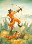 anthro arrow_(weapon) bow_(weapon) breasts brown_hair butt canid canine casual_nudity digitigrade duo female feral fox fur grass hair holding_object holding_weapon male mammal nude oil_painting_(artwork) orange_body orange_fur outside painting_(artwork) plant pose quiver_(object) ranged_weapon red_fox rock scale_(artist) side_boob standing traditional_media_(artwork) tree true_fox weapon