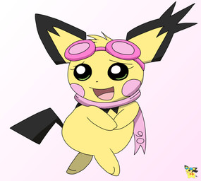 eyewear eyewear_on_head female female_feral feral fur goggles goggles_on_head green_eyes logo pink_background pink_scarf scarf simple_background solo tiptoes yellow_body yellow_fur pichu90 nintendo pokemon sparkette_pichu spiky-eared_pichu generation_2_pokemon pichu pokemon_(species) artist_logo hi_res