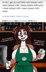 anthro apron apron_only areola beverage big_breasts blue_eyes blush breasts brown_hair cleavage clothed clothing coffee collarbone container count cup detailed_background dialogue dual_holding female green_apron green_clothing hair holding_container holding_cup holding_object holding_pen holding_writing_utensil inverted_nipples logo marker mostly_nude nipple_slip nipples number partially_clothed pen pink_areola public public_exposure puffy_areola puffy_nipples repeated_text side_boob solo stuttering text thick_thighs time timestamp writing_utensil lemondude i_mean_breast_milk starbucks canid canine mammal absurd_res digital_media_(artwork) english_text hi_res meme