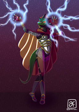 anthro armor black_clothing breasts cape clothing female green_body green_scales grey_clothing lightning_bolt magic magic_user orange_clothing orange_eyes scales solo yellow_clothing gamesfan microsoft the_elder_scrolls argonian scalie absurd_res hi_res signature