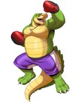 anthro bottomwear boxing_gloves boxing_shorts clothing countershading green_body handwear male musclegut muscular shorts simple_background solo polartoons brok_the_investigator cowcat_games brok_(brok_the_investigator) alligator alligatorid crocodilian reptile scalie 2022 absurd_res hi_res