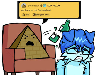 ambiguous_gender anthro armchair blue_body blue_fur blue_hair bottle chair container duo eyewear fur furniture glasses hair male profanity pyramid speech_bubble text unknown_artist geometry_dash mindcap zoink canid canine canis domestic_dog mammal english_text hi_res