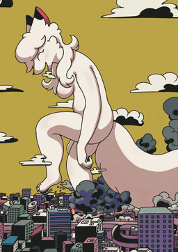 anthro big_tail black_ear_tips breasts city_destruction cloud destruction dipstick_ears ear_markings eyes_closed featureless_breasts female fire hair macro macro_female multicolored_ears raised_leg sky smile smoke stomping tail white_body white_hair white_tail yellow_sky doover80s marie_(doover80s) canid canine fox mammal absurd_res hi_res