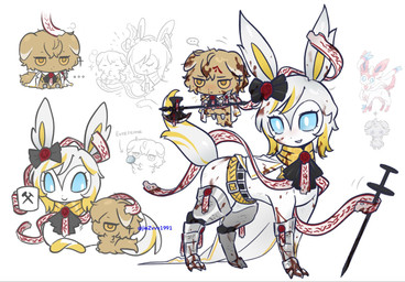 accessory ambiguous_gender armor armored_boots black_bow blonde_highlights blood blood_in_hair blood_on_clothing blood_on_face blue_eyes bodily_fluids bow_ribbon brown_body brown_eyes brown_fur brown_hair bubble cleaning cloak closed_frown closed_smile clothing coffee_mug collar cross cross_ear_piercing cross_ear_ring cross_piercing dipstick_ears duo ear_markings ellipsis everstone eye_bags feral feralized frown fur gauntlets gloves gold_(metal) gold_collar hair hair_accessory hair_bow hair_ribbon halberd half-closed_eyes hammer handwear head_markings headpat highlights_(coloring) holding_another holding_coffee_mug holding_object holding_weapon larger_ambiguous markings melee_weapon metal_collar mouth_closed multicolored_body multicolored_ears multicolored_fur nail_(weapon) narrowed_eyes necktie open_mouth open_smile oversized_weapon piercing polearm pupils red_necktie ribbons ribbons_(anatomy) size_difference smaller_ambiguous smile speech_bubble symbol tools weapon white_body white_cloak white_clothing white_fur white_hair white_pupils yellow_body yellow_fur yellow_sclera jiezvvv1991 limbus_company nintendo pokemon project_moon faust_(limbus_company) sinclair_(limbus_company) eeveelution espurr generation_6_pokemon pokemon_(species) sylveon 2025 crossover hi_res reference_image watermark widescreen female_(lore) male_(lore)