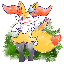 ambiguous_anthro ambiguous_gender anthro biped blush blush_stickers bodily_fluids digitigrade dipstick_tail featureless_crotch fluffy fluffy_tail food front_view frown markings no_pupils object_in_tail open_frown open_mouth shrimp_(food) snout solo standing sweat sweatdrop tail tail_markings annyui0611 nintendo pokemon braixen canid generation_6_pokemon mammal pokemon_(species) 1:1 2023 digital_drawing_(artwork) digital_media_(artwork) japanese_description translated_description