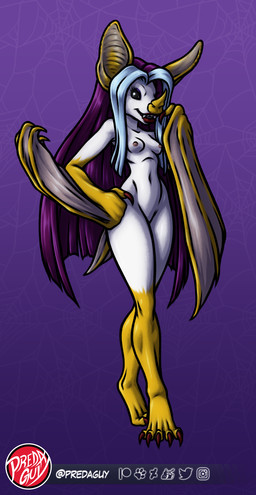 anthro bat_wings breasts eyelashes eyeshadow fangs female fur hair huge_ears leg_markings makeup markings membrane_(anatomy) membranous_wings multicolored_hair navel nipples nude purple_hair socks_(marking) solo teeth white_body white_fur winged_arms wings predaguy bat honduran_white_bat leaf-nosed_bat mammal microbat vampire yangochiropteran clip_studio_paint_(artwork) digital_media_(artwork) hi_res