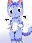 anthro bikini blue_body blue_fur blush breasts clothing female flat_chested fur looking_at_viewer mostly_nude simple_background slightly_chubby solo speech_bubble standing swimwear thick_thighs two-piece_swimsuit chobonolly animal_crossing nintendo rosie_(animal_crossing) felid feline felis mammal hi_res