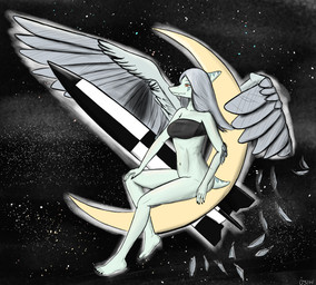 anthro bandeau black_bandeau black_clothing black_topwear blue_body bone_frill bottomless bottomless_anthro bottomless_female breasts clothed clothing elbow_feathers feathered_wings feathers feet female fingers frill_(anatomy) grey_body grey_feathers grey_hair hair half-closed_eyes humanoid_feet humanoid_hands long_hair markings medium_breasts moon narrowed_eyes non-mammal_breasts orange_eyes plantigrade pose rocket short_tail side_view sitting smile solo striped_markings stripes tail text toes topwear wings dumacukr(d5214) goodbye_volcano_high ko_op_(game_developer) fang_(gvh) prehistoric_species pterosaur reptile scalie artist_name colored hi_res shaded