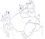 abdominal_bulge anthro anthro_pred belly big_belly big_breasts big_butt breasts butt canid canine cheek_bulge digital_media_(artwork) female female_pred fox group hoodah huge_belly hyena larger_female larger_pred male mammal monochrome multiple_prey neck_bulge oral_vore overweight overweight_female size_difference smaller_male smaller_prey struggling swallowing thick_thighs vore
