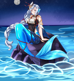 alternate_species big_breasts blue_tail breasts clothed clothed_female clothing ear_fins female fin light_body light_skin mermaid_tail mermaidification moon night on_rock outside rock sea sitting sky solo split_form tail topwear water conch_(pixiv) genshin_impact mihoyo shenhe_(genshin_impact) aquatic humanoid_merfolk merfolk 2026 absurd_res full-length_portrait hi_res portrait