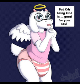 4_fingers ambiguous_gender anthro back_wings clasped_hands clean_diaper clothed clothing dialogue diaper diaper_fetish dotted_background ellipsis eyewear fingers fur glasses halo head_horn heart_symbol horn open_mouth pattern_background pink_clothing pink_horn pink_shirt pink_topwear shirt simple_background solo speech_bubble standing striped_diaper tail text topwear wearing_diaper wearing_glasses white_body white_fur white_tail white_wings wings shadyadi deltarune nickelodeon spongebob_squarepants undertale_(series) ralsei bovid caprine darkner goat mammal 2024 artist_name english_text hi_res letterbox portrait signature three-quarter_portrait male_(lore)