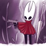 3_fingers anthro black_eyes clothed clothing female fingers gun handgun horn hornet's_needle melee_weapon parody pistol ranged_weapon solo string thread weapon dsp2003 delet_this hollow_knight team_cherry hornet_(hollow_knight) arthropod 1:1 2019 hi_res icon meme signature