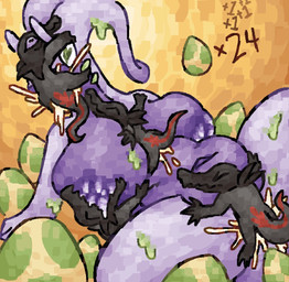 anthro areola belly big_areola big_belly big_breasts bite black_body bodily_fluids breast_play breasts cum cum_drip cum_in_mouth cum_in_vagina cum_inside cum_on_belly cum_on_body cum_on_face dripping egg face_mounting female feral genital_fluids glistening glistening_body group group_nudity group_sex hand_on_breast heart_pupils heart_symbol lactating larger_female male male/female multicolored_body nipple_bite nipple_fetish nipple_play nipples oral oral_penetration overweight overweight_female penetration pokemon_egg purple_body sex simple_background size_difference slime smaller_male thick_thighs titfuck vaginal vaginal_penetration scaliescum nintendo pokemon generation_6_pokemon generation_7_pokemon goodra lizard pokemon_(species) reptile salandit scalie hi_res