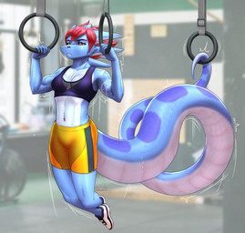 5_fingers anthro biceps blue_body bodily_fluids bottomwear breasts cleavage clothed clothing exercise female fingers footwear inside long_tail markings midriff muscular muscular_anthro muscular_female plantigrade shoes shorts solo spots spotted_markings spotted_tail sweat tail tail_markings yellow_bottomwear yellow_clothing yellow_shorts mykegreywolf reptile scalie snake 2023 absurd_res digital_media_(artwork) hi_res