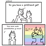 3_panel_comic anthro awkward bodily_fluids chest_tuft closeted dialogue dot_eyes duo elbow_bump fur humor lgbt_pride male pride_colors rainbow_pride_colors smile sweat sweatdrop text tuft stinkycoobs canid canine canis mammal wolf 2023 absurd_res comic hi_res