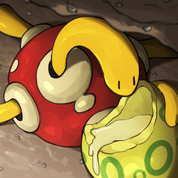 ambiguous_feral ambiguous_gender aspear_berry black_eyes empty_eyes feral food fruit long_neck multicolored_shell plant pokemon_berry red_shell rock shell solo tan_shell two_tone_shell yellow_body spicyichizo nintendo pokemon generation_2_pokemon pokemon_(species) shuckle 1:1 2025 absurd_res hi_res shaded