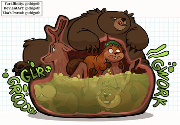 abdominal_bulge ambiguous_gender antlers belly big_belly bodily_fluids brown_body brown_fur buckteeth claws crown digestion feral fur geometric_background green_body grid_background group headgear hooves horn huge_belly hyper hyper_belly internal licking licking_lips male multiple_prey pattern_background resting_on_belly rumbling_stomach simple_background skull_symbol soft_vore stomach_acid tail teeth text tongue tongue_out unwilling_prey vore willing_prey x-ray_view gothigoth hoppers_(disney) ellen_(hoppers) king_george_(hoppers) loaf_(hoppers) mabel_tanaka tom_lizard_(hoppers) bear beaver brown_bear deer grizzly_bear lizard mammal reptile rodent scalie ursine 2026 artist_name