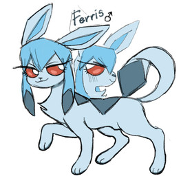 blue_hair eyelashes eyelashes_through_hair feral hair looking_at_viewer male paws raised_paw red_eyes smile smirk solo translucent translucent_hair binkybnuuy nintendo pokemon ferris_(binkybnuuy) eeveelution generation_4_pokemon glaceon pokemon_(species) hi_res model_sheet