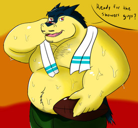 american_football anthro bandage bandage_on_face bandage_on_nose barazoku belly biceps clothed clothing hairy jock male muscular muscular_arms overweight overweight_anthro overweight_male solo sport text donutbear nintendo pokemon ignazio generation_2_pokemon pokemon_(species) typhlosion english_text