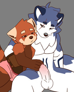 anthro balls blue_body blue_eyes blue_fur blush blush_lines body_blush clothing countershade_arms countershade_ears countershade_face countershade_torso countershading duo eye_scar facial_scar fondling fur fur_markings genitals gloves hand_on_penis handwear male male/male markings neck_tuft orange_body orange_fur penis penis_blush pink_clothing pink_underwear scar side_hug spread_legs spreading tuft underwear white_body white_fur young imnothere ailurid canid canine canis domestic_dog husky mammal nordic_sled_dog red_panda siberian_husky spitz hi_res adult_(lore)