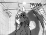 anthro areola bathing breasts duo female first_person_view horn imminent_death knife looking_at_viewer male male/female nude shocked shower shower_curtain solo surprised_expression wet roselynn_meadow mythology psycho_(movie) equid equine mammal mythological_creature mythological_equine unicorn black_and_white hi_res monochrome