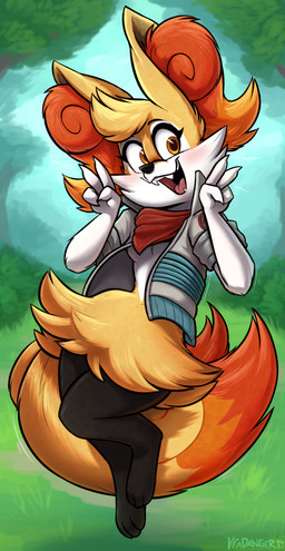 anthro breasts clothing digitigrade ear_tuft fangs female forest fur jacket looking_at_viewer orange_body orange_fur outside paws plant scarf solo teeth topwear tree tuft under_boob white_body white_fur yellow_body yellow_fur keadanger nintendo pokemon braixen generation_6_pokemon pokemon_(species) 2021 absurd_res hi_res