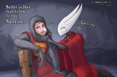 alternate_form armor arthropod_abdomen beard belt black_body blonde_hair blush bruised bruised_eye cave chainmail chainmail_coif clothing coif duo england exoskeleton facial_hair female gloves greaves hair handwear headgear holding_partner's_head jewelry knight male male/female medieval necklace pulling_cheek sitting tabard text warrior wounded warjenkins hollow_knight_(franchise) kingdom_come:_deliverance team_cherry hornet_(hollow_knight) animal_humanoid arthropod arthropod_humanoid human humanoid mammal absurd_res digital_media_(artwork) english_text hi_res signature