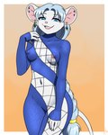 anthro blue_hair braided_hair braided_ponytail breasts camel_toe clothing ear_piercing ear_ring female fur hair nipple_slip piercing ponytail ring_piercing small_breasts solo string_jumpsuit tail white_body white_fur furball meme_clothing diamond_(furball) mammal mouse murid murine rodent 2023 4:5 hi_res meme