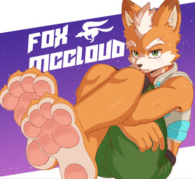 4_toes 5_fingers anthro barefoot biped black_nose blush blush_lines bodily_fluids bottomwear brown_ear_tips cheek_tuft claws clothed clothed_anthro clothed_male clothing countershade_face countershade_feet countershade_fur countershade_hands countershade_torso countershading dipstick_ears ear_markings eyebrows facial_tuft feet fingers foot_focus fully_clothed fully_clothed_anthro fully_clothed_male fur glistening glistening_eyes green_bottomwear green_clothing green_eyes green_pants hindpaw holding_both_legs jacket kerchief looking_at_viewer male male_anthro markings multicolored_body multicolored_ears multicolored_fur name_drop neckerchief neckwear open_clothing open_jacket open_mouth open_topwear orange_body orange_fur pants pawpads paws pink_pawpads plantigrade red_kerchief red_neckerchief solo sweat toe_claws toes tongue topwear tuft white_body white_countershading white_eyebrows white_fur krayboost nintendo star_fox fox_mccloud canid canine fox mammal 2026 digital_drawing_(artwork) digital_media_(artwork) hi_res shaded
