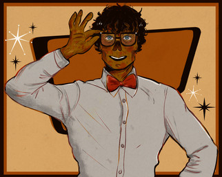 abstract_background black_hair blue_eyes bow_tie clothing collared_shirt eyewear glasses googie_aesthetic hair looking_at_viewer male missing_nose necrosis not_furry red_bow_tie shirt smile solo star_motif topwear wearing_glasses white_clothing white_shirt white_topwear nuclearconsole fallout microsoft silvio_rivera_(nuclearconsole) ghoul_(fallout) humanoid english_description half-length_portrait portrait