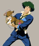 bottomwear clothing duo electronics eyes_closed formal green_hair hair headphones male necktie not_furry_focus pants simple_background cowboy_bebop ein_(cowboy_bebop) spike_spiegel canid canine canis domestic_dog herding_dog human mammal pastoral_dog welsh_corgi absurd_res hi_res official_art