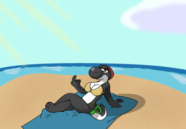 anthro beach beckoning bedding big_breasts bikini blanket bow_ribbon breasts clothing cloud crossed_legs female gesture light looking_at_viewer non-mammal_breasts sand sea sky solo string_bikini sunlight swimwear tail two-piece_swimsuit water rayoshi_(artist) golden_week mario_bros nintendo rayoshi black_yoshi yoshi hi_res
